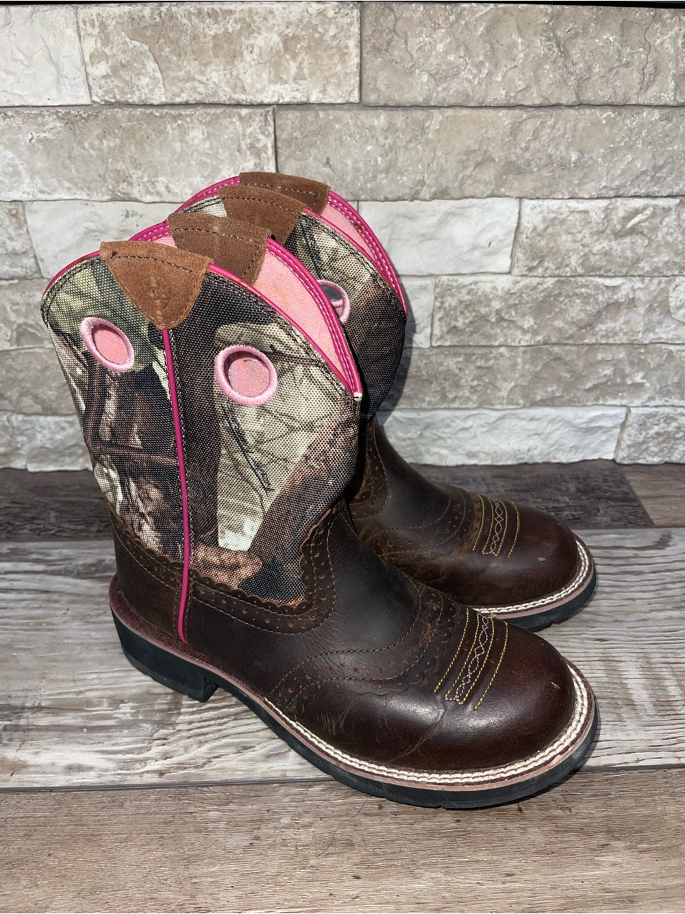 ARIAT Fatbaby Western Boots Womens 6.5 B Brown Camo Pink Roper Cowgirl Festival